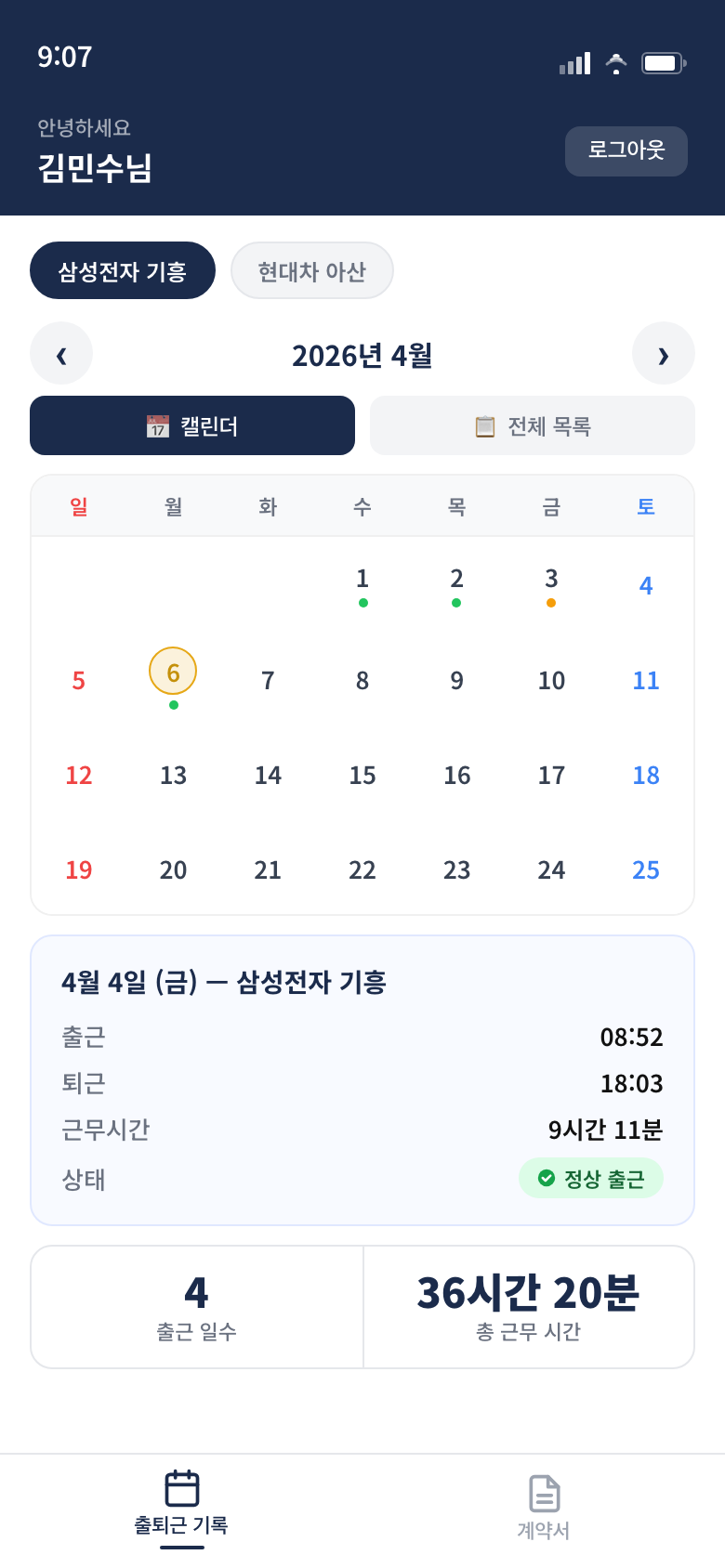 근로자 출퇴근 기록 화면